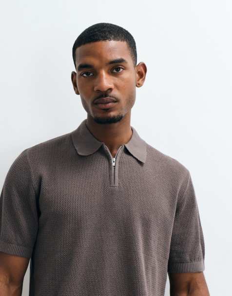 ASOS DESIGN relaxed knitted pointelle half zip polo in brown - view 1