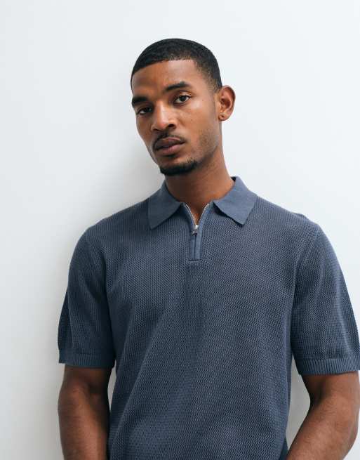ASOS DESIGN relaxed knitted pointelle half-zip polo shirt in blue, 4 of 5