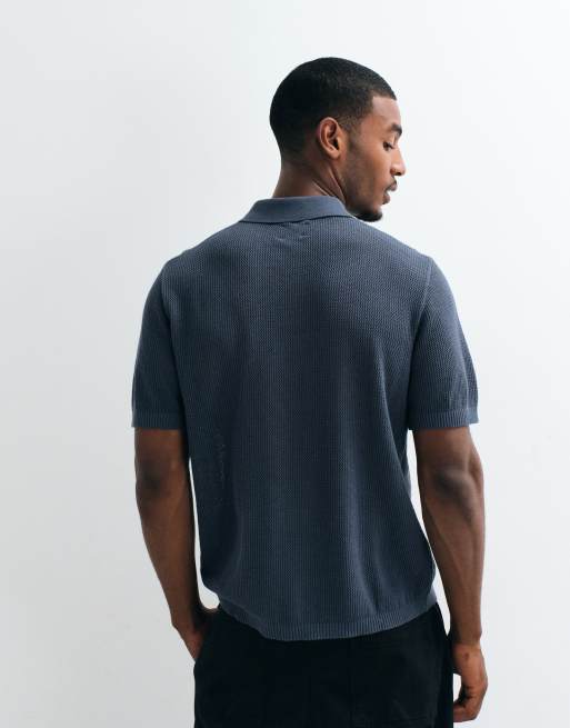 ASOS DESIGN relaxed knitted pointelle half-zip polo shirt in blue, 5 of 5