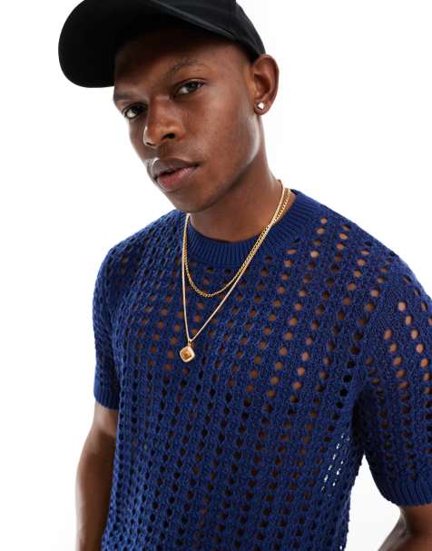 ASOS DESIGN relaxed knitted pointelle t-shirt in navy - view 1