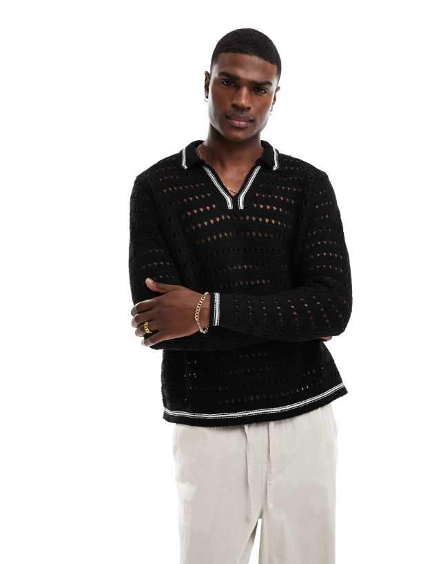 ASOS DESIGN - relaxed knitted polo crochet jumper in black