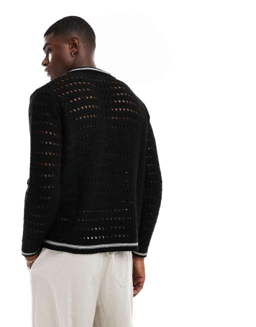 ASOS DESIGN relaxed knitted polo crochet jumper in black