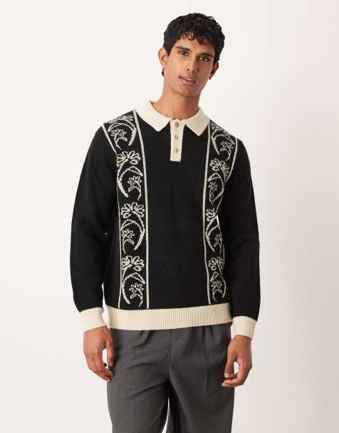 ASOS DESIGN relaxed knitted polo in black with floral pattern - view 1