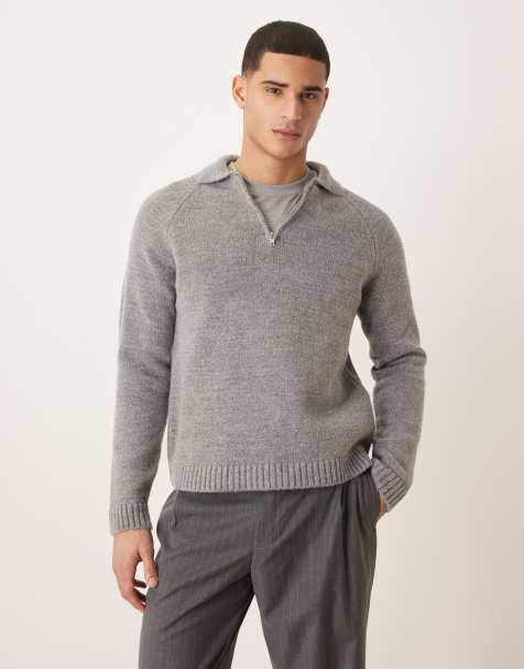 ASOS DESIGN relaxed knitted zip up polo in charcoal