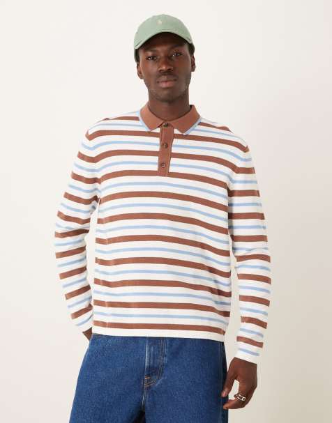 ASOS DESIGN relaxed knitted polo in ecru with brown and blue stripes - view 1