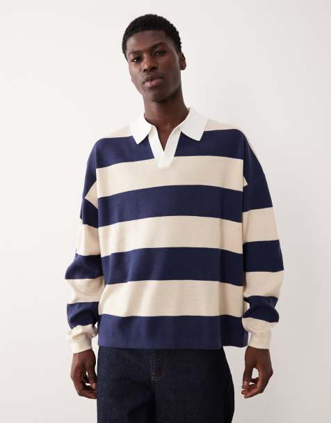 ASOS DESIGN relaxed knitted polo in navy and ecru - view 1