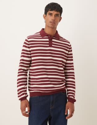 relaxed knitted polo in red and white stripe-Multi