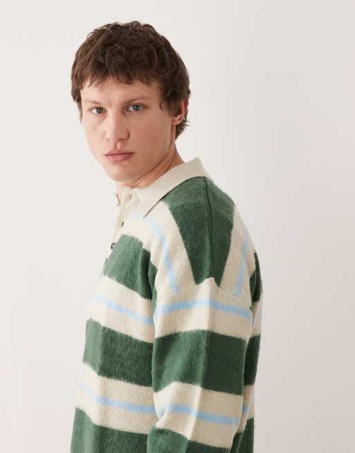 ASOS DESIGN relaxed knitted polo jumper in blue and green stripe, 3 of 5