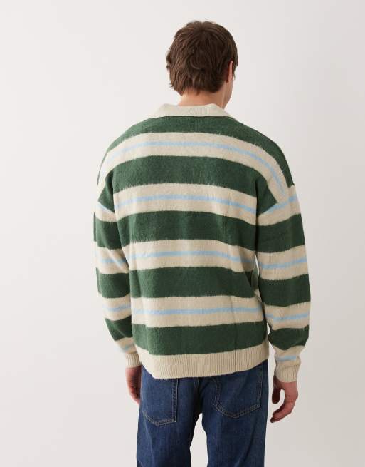 ASOS DESIGN relaxed knitted polo jumper in blue and green stripe, 4 of 5
