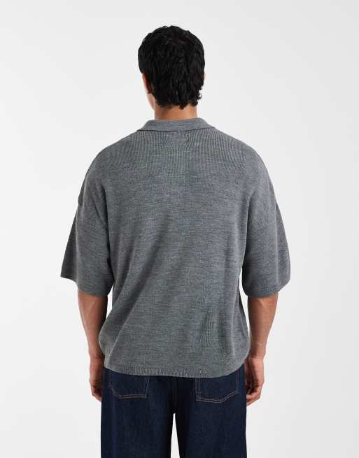 ASOS DESIGN relaxed knitted polo shirt with Céu Studios embroidery in grey marl, 3 of 5