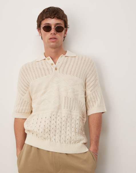 ASOS DESIGN relaxed knitted polo with aztec texture in ecru - view 1