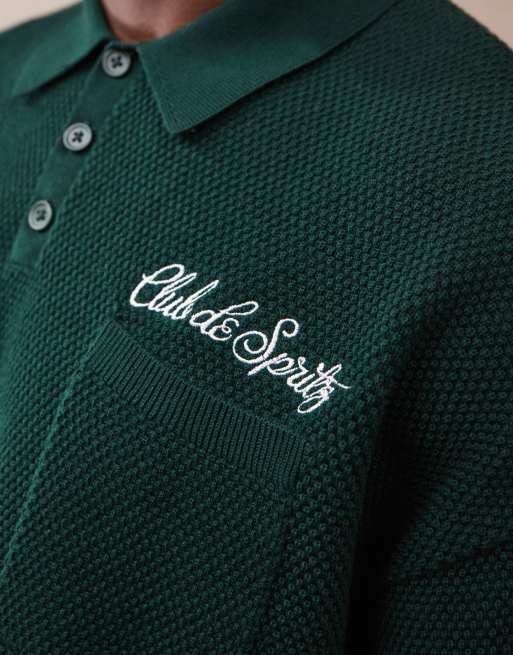 ASOS DESIGN relaxed knitted polo with chest pocket and embroidery text in dark green, 2 of 4