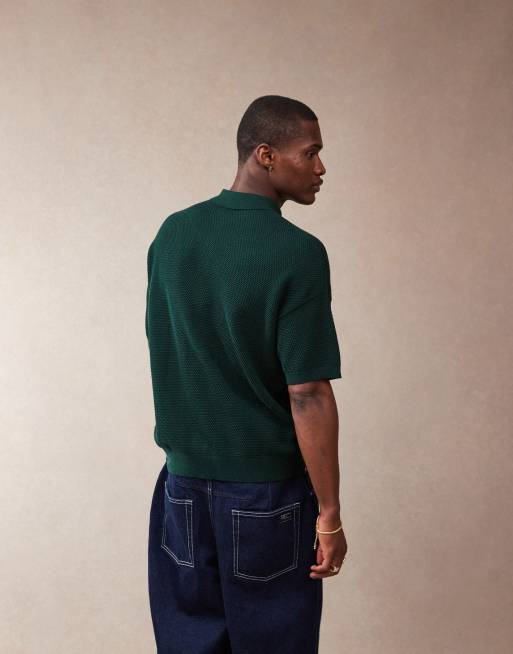 ASOS DESIGN relaxed knitted polo with chest pocket and embroidery text in dark green, 3 of 4