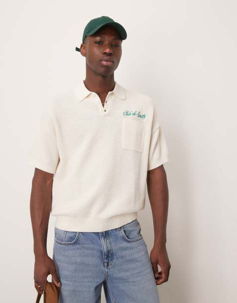 ASOS DESIGN relaxed knitted polo with chest pocket and embroidery text in ecru