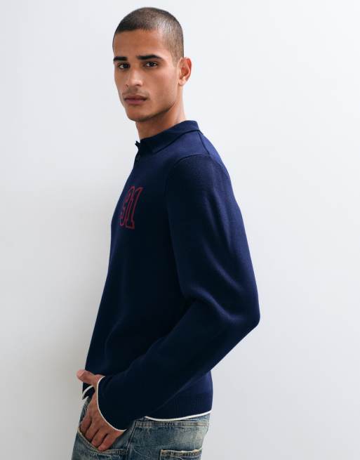 ASOS DESIGN relaxed knitted polo with graphic in navy, 4 of 5