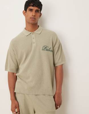ASOS DESIGN ASOS DESIGN relaxed knitted polo with Palermo embroidery co-ord in sage green