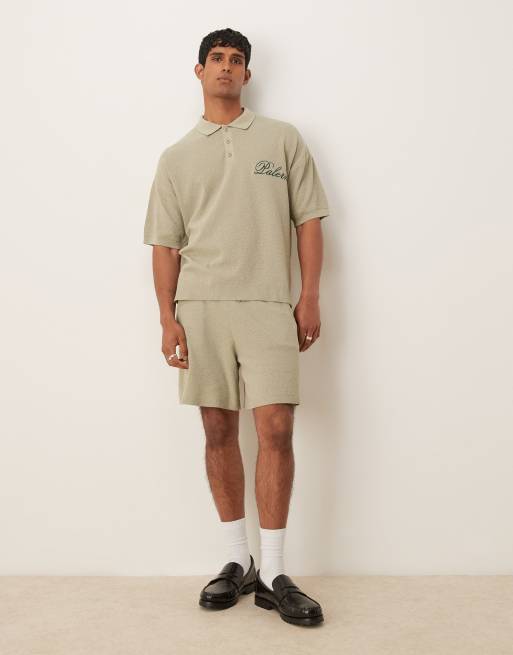 ASOS DESIGN relaxed knitted polo with Palermo embroidery co-ord in sage green, 3 of 4