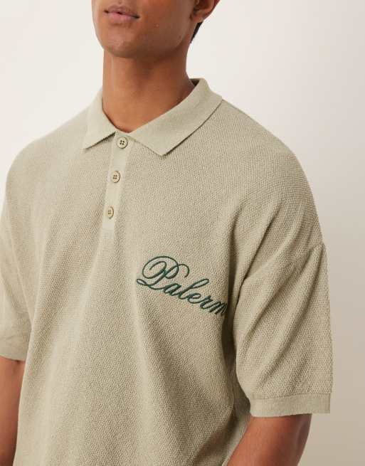 ASOS DESIGN relaxed knitted polo with Palermo embroidery co-ord in sage green, 4 of 4