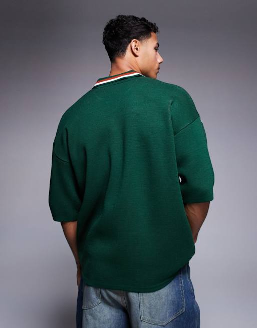ASOS DESIGN relaxed knitted polo with sport graphic in dark green, 4 of 4