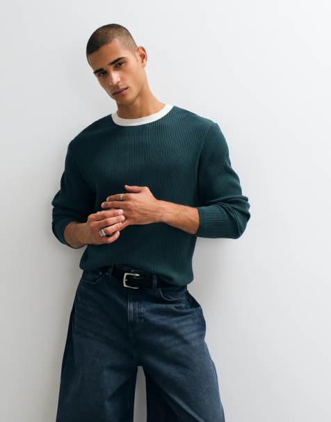 ASOS DESIGN relaxed knitted rib crew with contrast collar in green - view 1