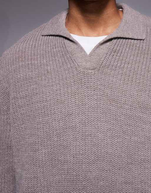 ASOS DESIGN relaxed knitted rib notch neck polo in mink, 5 of 5