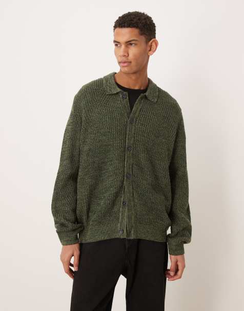 ASOS DESIGN relaxed knitted ribbed button through cardigan in khaki - view 1