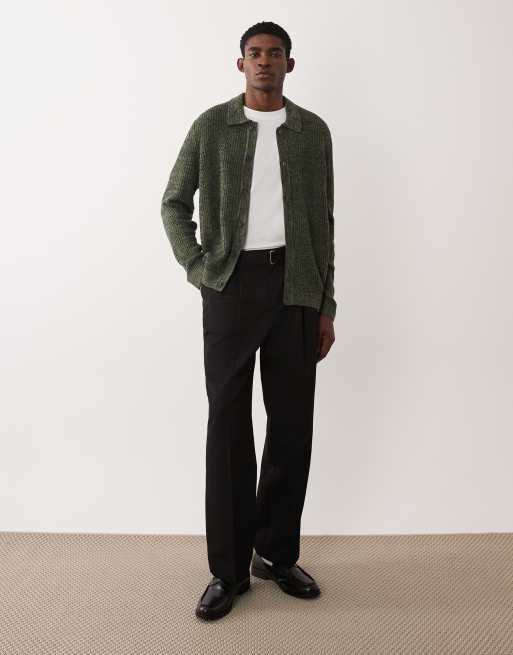 ASOS DESIGN relaxed knitted ribbed button through cardigan in khaki, 2 of 5