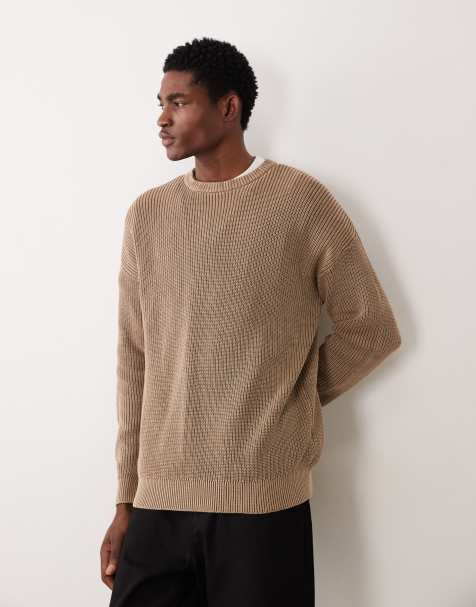 ASOS DESIGN relaxed knitted ribbed crew neck jumper in brown acid wash