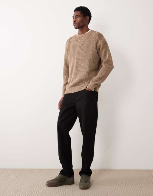 ASOS DESIGN relaxed knitted ribbed crew neck jumper in brown acid wash, 2 of 5