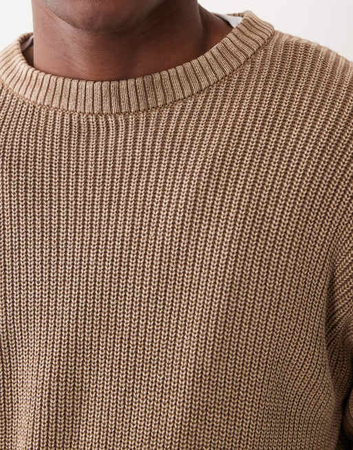 ASOS DESIGN relaxed knitted ribbed crew neck jumper in brown acid wash, 3 of 5
