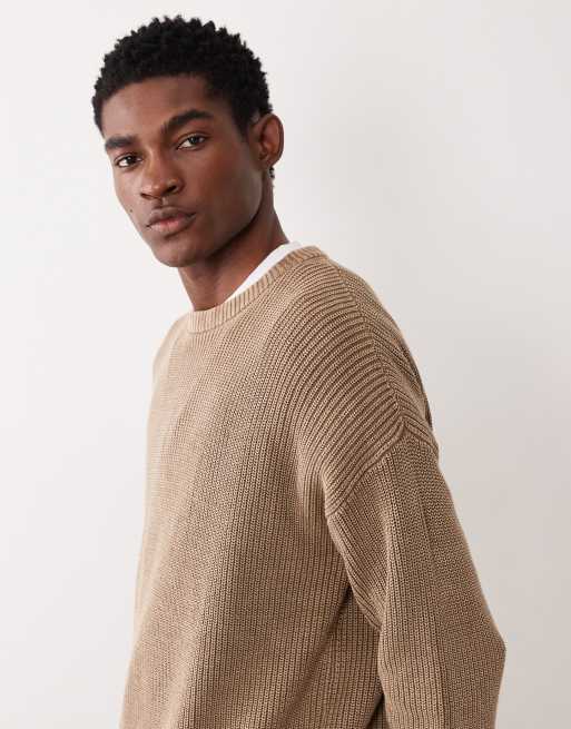 ASOS DESIGN relaxed knitted ribbed crew neck jumper in brown acid wash, 4 of 5