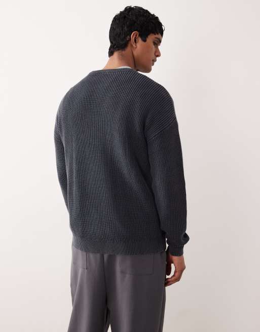 ASOS DESIGN relaxed knitted ribbed crew neck jumper in navy acid wash, 3 of 5