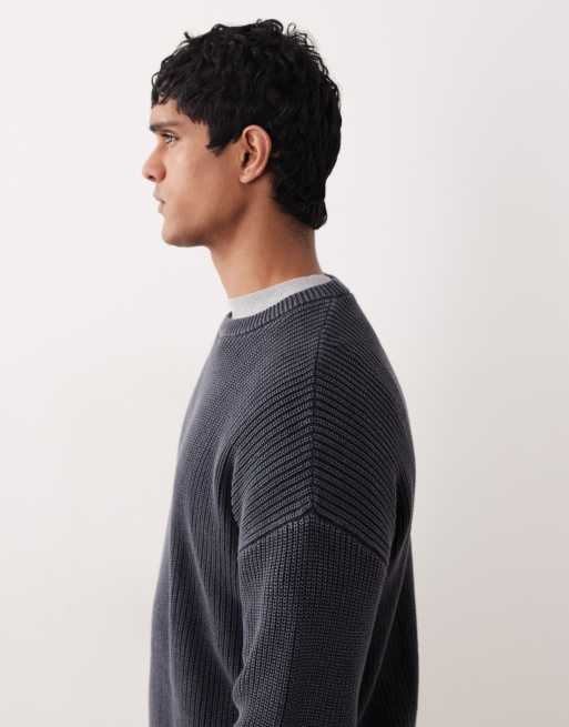 ASOS DESIGN relaxed knitted ribbed crew neck jumper in navy acid wash, 5 of 5
