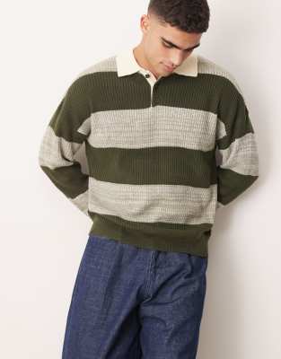 relaxed knitted rugby polo in khaki heather stripe-Green