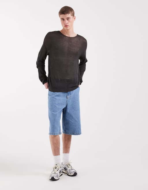 ASOS DESIGN relaxed knitted sheer long sleeve crew neck t-shirt in charcoal, 2 of 5