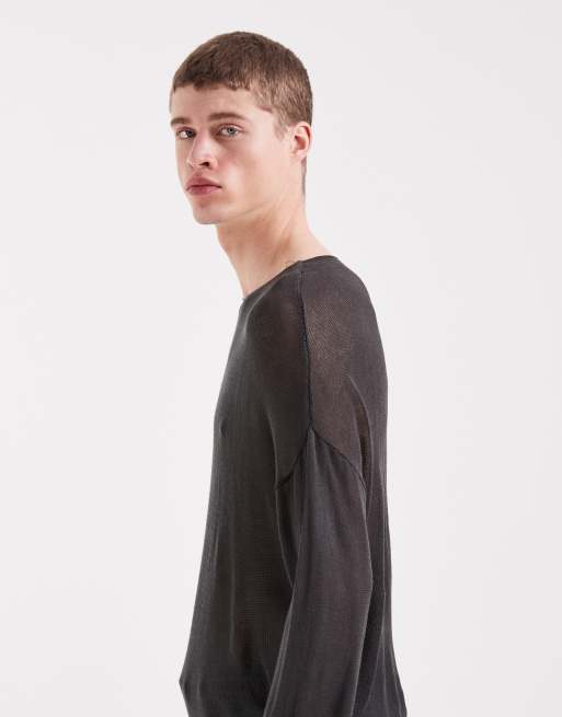 ASOS DESIGN relaxed knitted sheer long sleeve crew neck t-shirt in charcoal, 4 of 5
