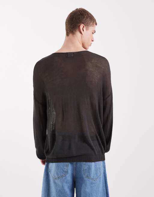 ASOS DESIGN relaxed knitted sheer long sleeve crew neck t-shirt in charcoal, 5 of 5