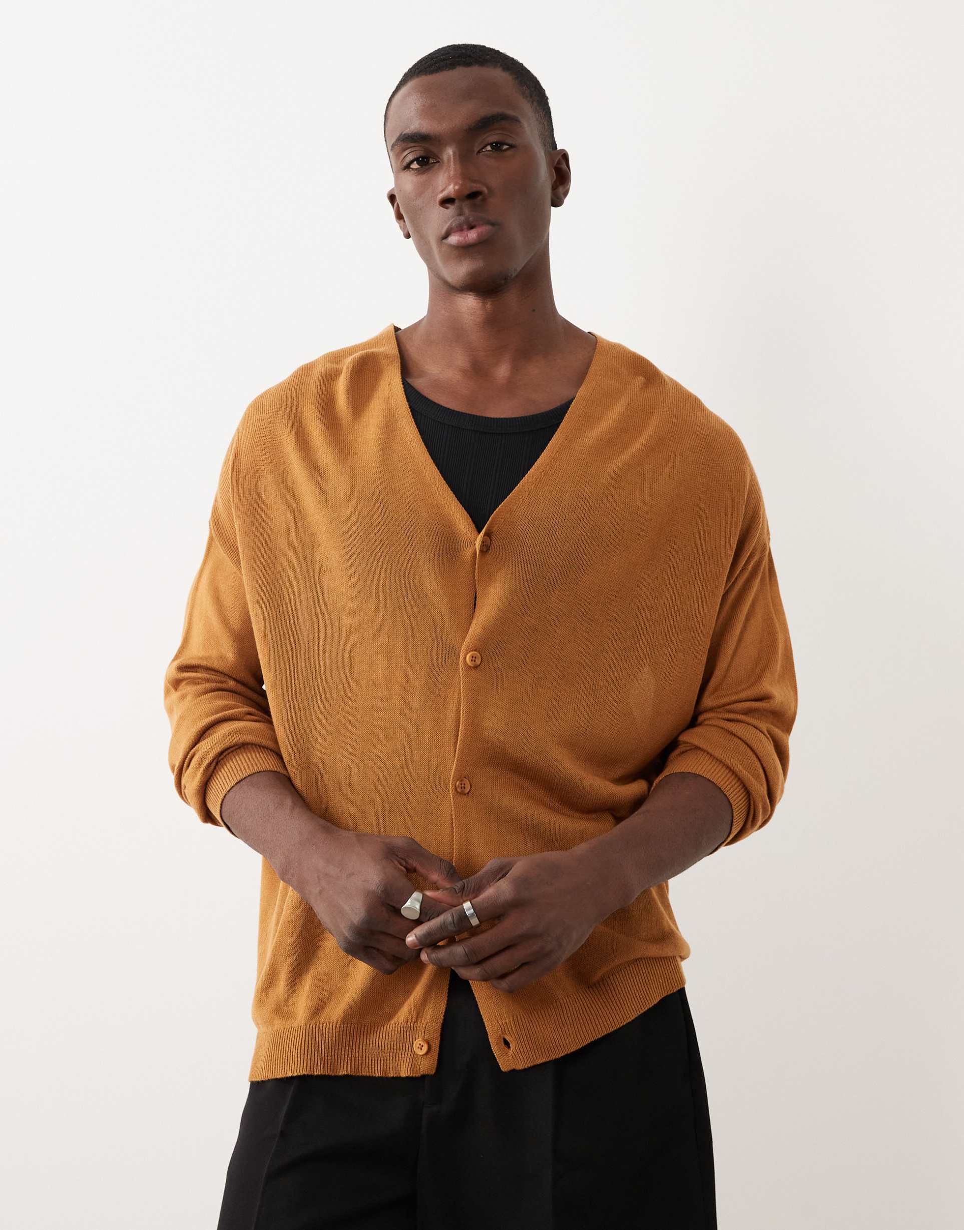 ASOS DESIGN relaxed knitted sheer v-neck cardigan in tan