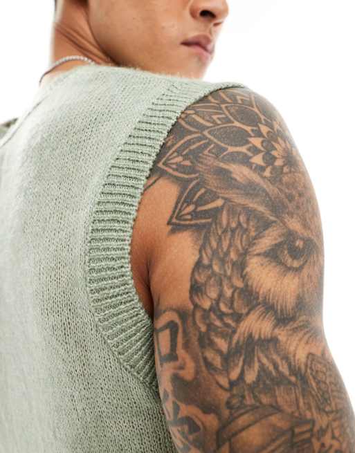 ASOS DESIGN relaxed knitted singlet in open knit texture in green | ASOS