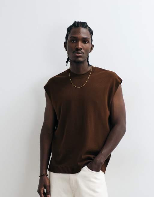 ASOS DESIGN relaxed knitted singlet with ribbed detail in brown, 5 of 5