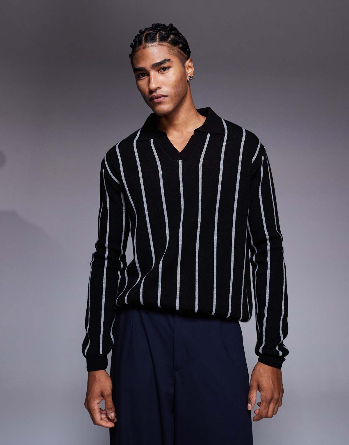 ASOS DESIGN relaxed knitted stripe notch neck polo in black