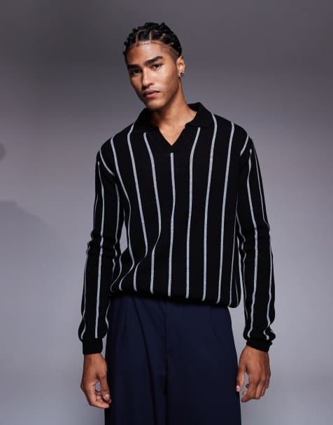 ASOS DESIGN relaxed knitted stripe notch neck polo shirt in black - view 1