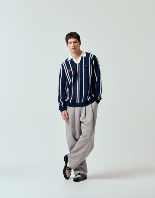 ASOS DESIGN relaxed knitted stripe notch neck polo with chest embroidery in navy, 2 of 5
