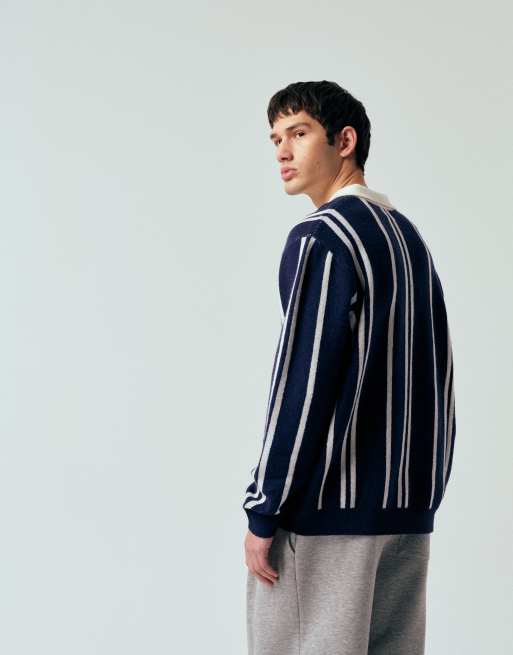 ASOS DESIGN relaxed knitted stripe notch neck polo with chest embroidery in navy, 3 of 5