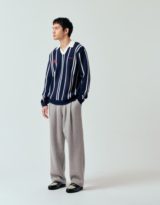 ASOS DESIGN relaxed knitted stripe notch neck polo with chest embroidery in navy, 5 of 5