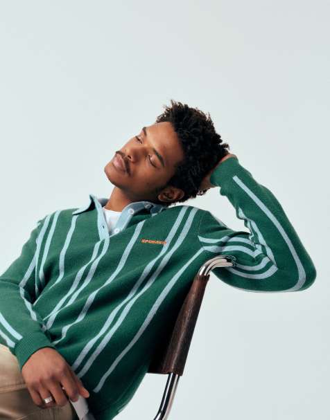 ASOS DESIGN relaxed knitted stripe polo with chest embroidery in green