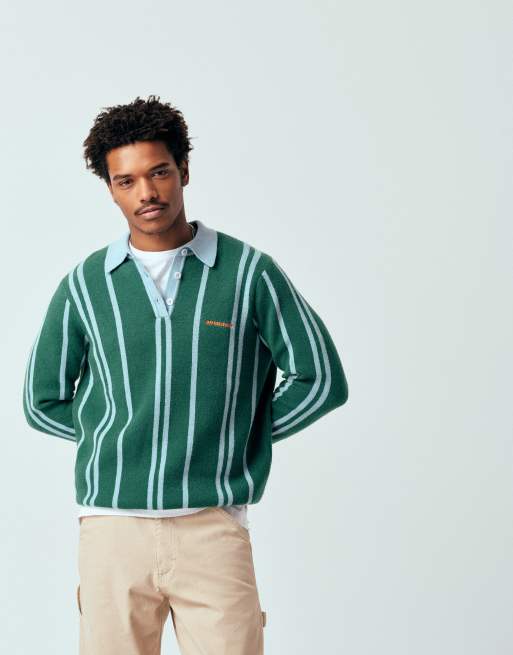 ASOS DESIGN relaxed knitted stripe polo with chest embroidery in green, 4 of 5