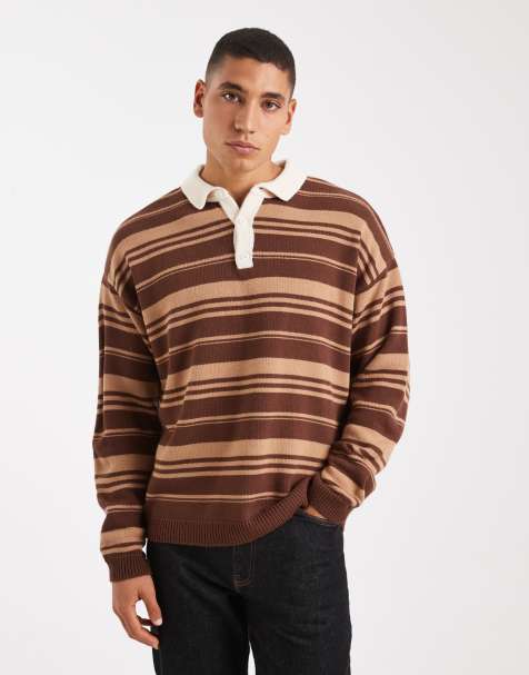 ASOS DESIGN relaxed knitted stripe rugby polo shirt in brown and taupe - view 1