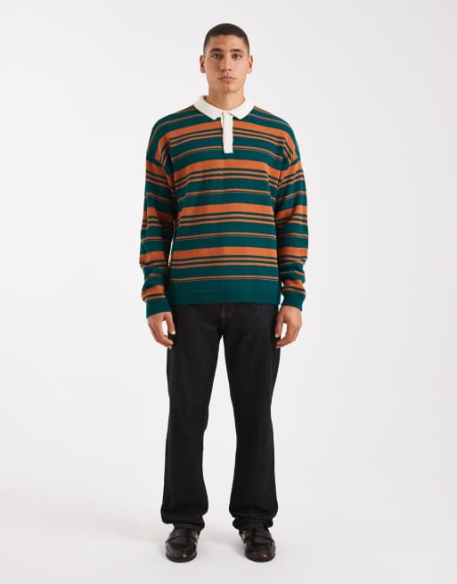 ASOS DESIGN relaxed knitted stripe rugby polo shirt in green and orange, 2 of 5