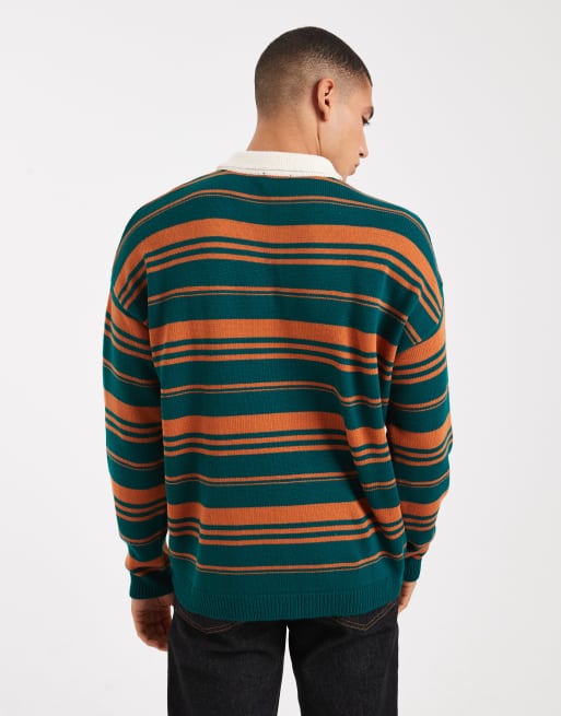 ASOS DESIGN relaxed knitted stripe rugby polo shirt in green and orange, 3 of 5
